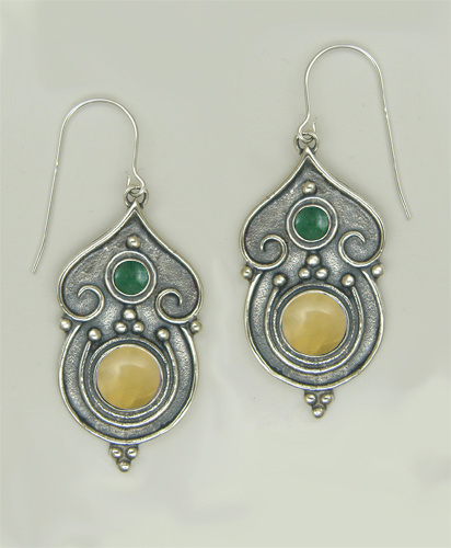 Sterling Silver Gothic Inspired Drop Dangle Earrings With Yellow Jade And Jade